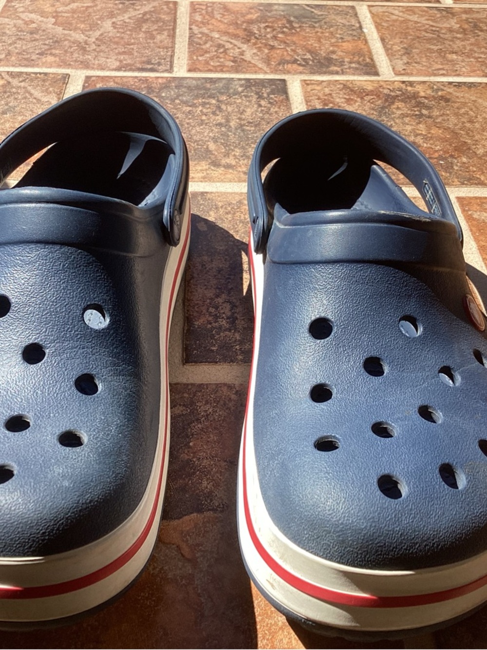 CROCS Navy Blue Clogs with White and Red Trim